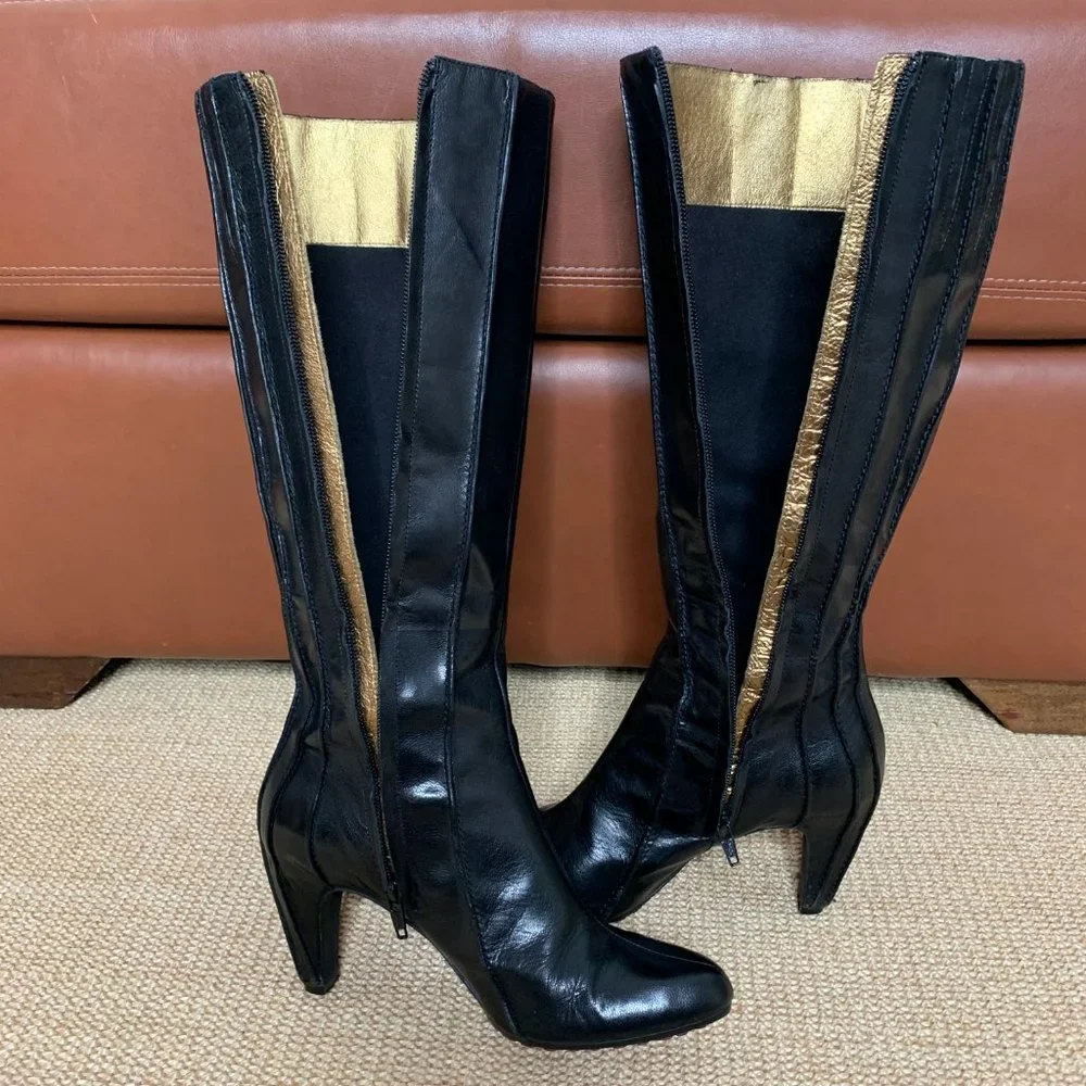 Size 7.5 Tsubo Womens Knee High Pleated Boots - Black Leather - Picture 3 of 12